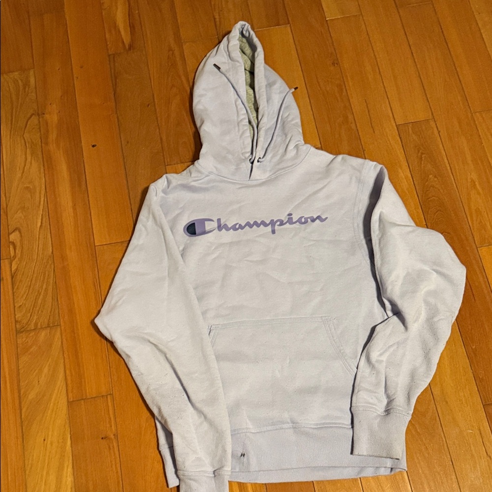 Champion Men's Light Gray Hoodie with Purple Logo